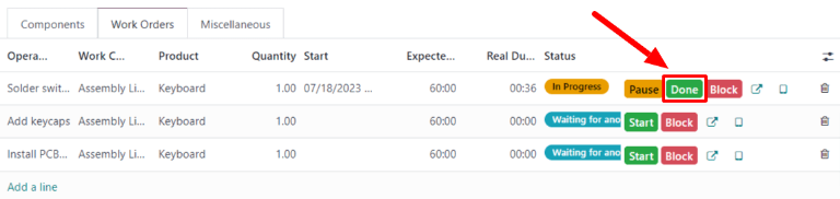 A Kész gomb egy munkarendeléshez egy gyártási rendelésen.