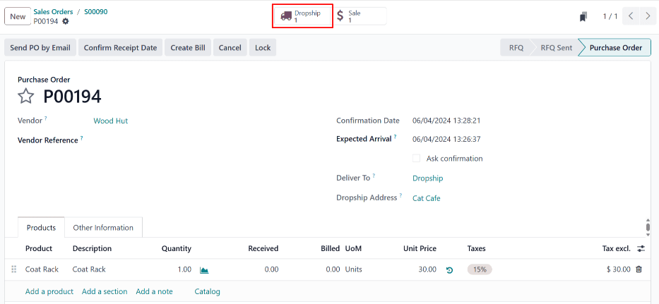 Egy dropship beszerzési rendelés a jobb felső sarokban található Receipt okos gombbal.