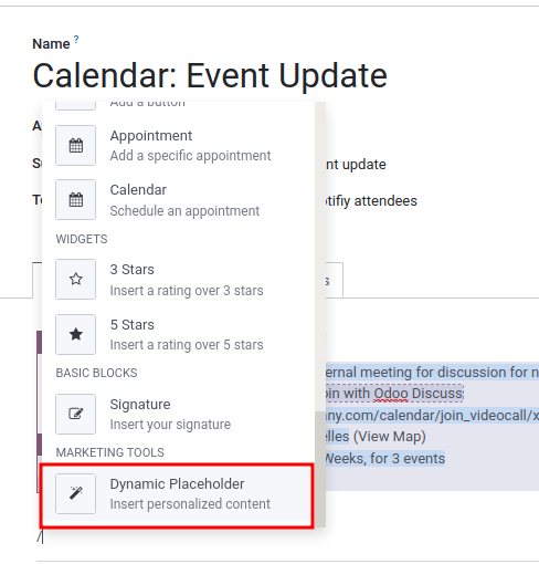 Dinamikus helyőrzők használata egy e-mail sablonban.