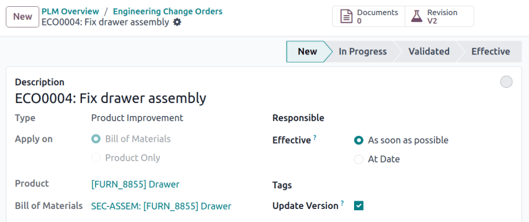 ECO a szakaszok áttekintésével a jobb felső sarokban, és Revision okos gomb.