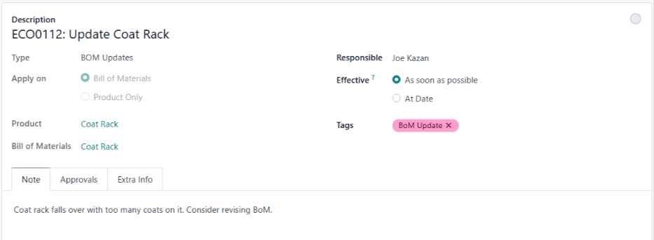 Egy ECO, amely a kabáttartó termék BoM-jának frissítésére készült.