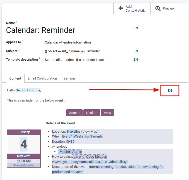 Egy sablon nyelvének szerkesztése.