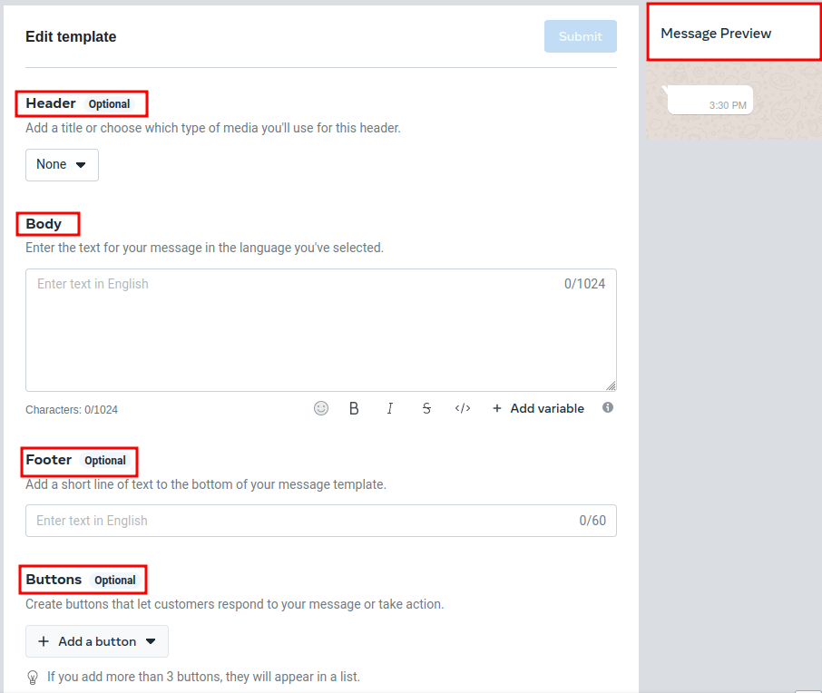 Szerkessze a sablont fejléc, törzs, lábléc és gombok használatával.