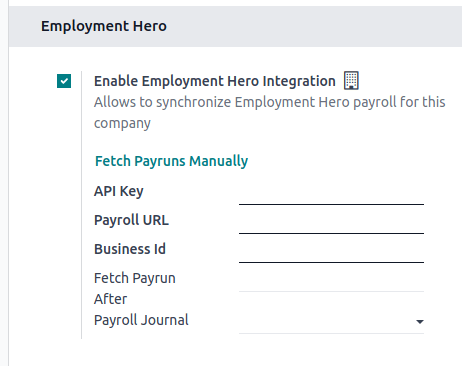 Az Employment Hero integráció engedélyezése az Odoo Accountingban új mezőket jelenít meg a beállításokbanAz Employment Hero Integráció engedélyezése az Odoo Számvitelben új mezőket jelenít meg a beállításokban