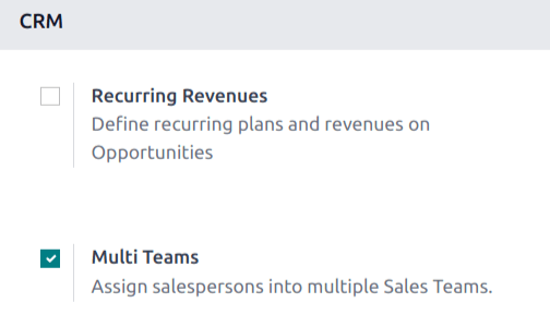 A CRM alkalmazás beállítási oldala a Több csapat beállítással engedélyezve.
