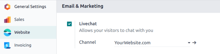 Az Odoo Live Chat beállítási oldalának és élő chat funkciójának nézete.