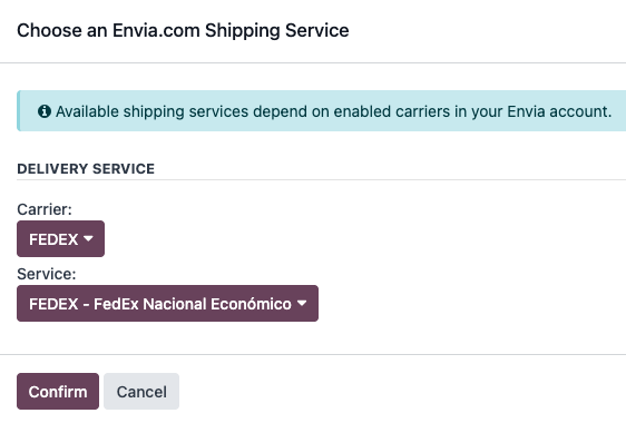 Envia.com fuvarozó és szolgáltatások felugró ablak.