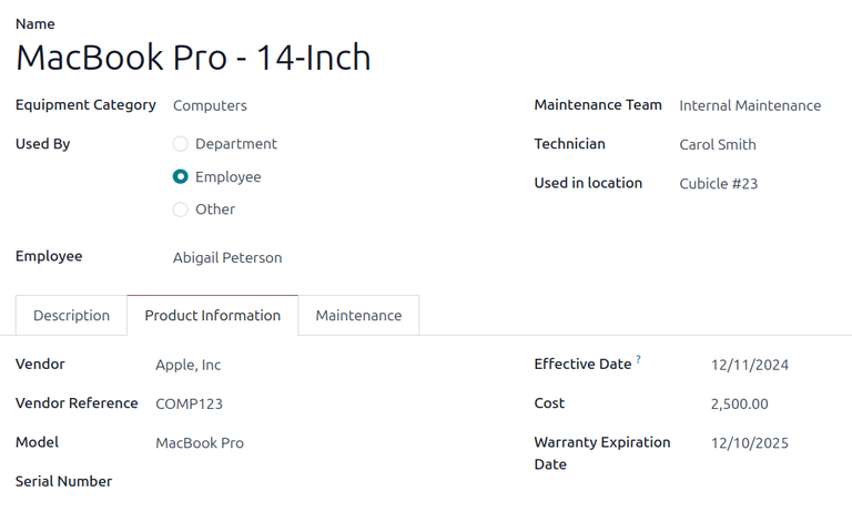 Egy másolat az eszköz űrlapjáról, amelyen minden információ ki van töltve, kivéve a sorozatszámot.