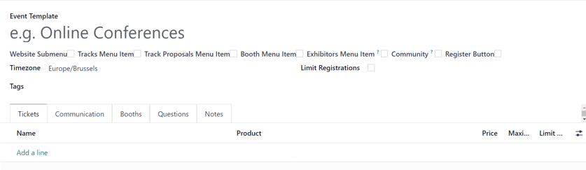 Egy szabványos eseménysablon űrlap az Odoo Események alkalmazásban.
