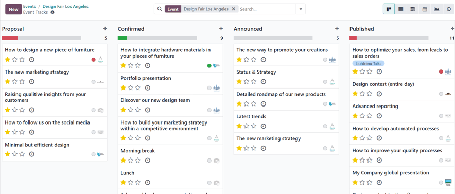Tipikus esemény nyomkövetési oldal az Odoo Events alkalmazásban.
