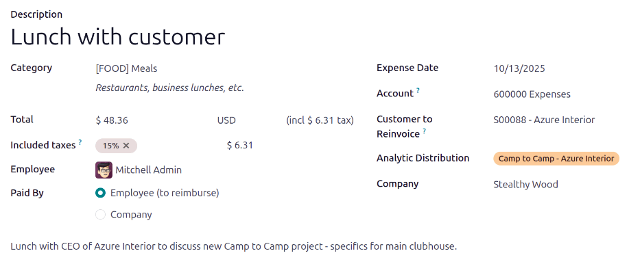 Egy kitöltött költségűrlap egy ügyfél ebédhez.