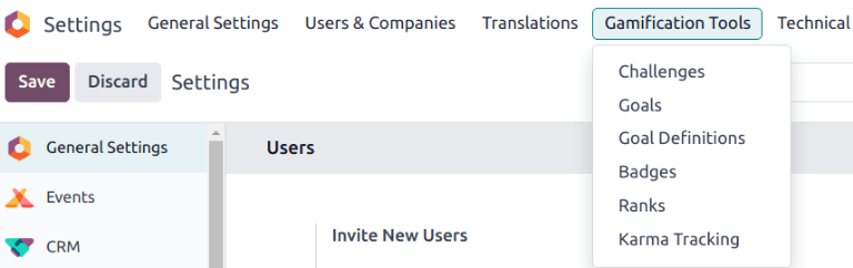 A gamifikációs eszközök menü nézete az Odoo Beállításokban.