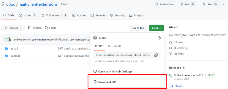 Töltse le a ZIP fájlt az Odoo GitHub tárházából a Mail Pluginokhoz.
