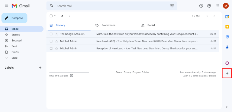 Pluszjel ikon a Gmail beérkező levelek oldalsávján.