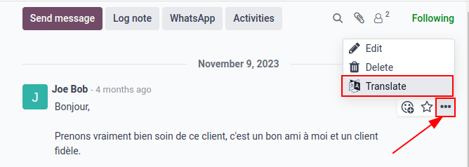 Google Fordító jelenléte egy Odoo adatbázis csevegésében.