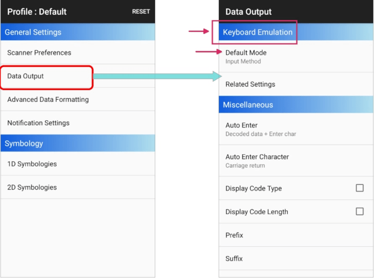Cipherlab szkenner adat kimeneti beállítási oldal.
