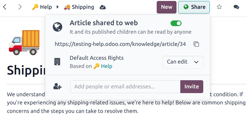 Egy tudáscikk nézete, amely a megosztási és közzétételi lehetőségekre összpontosít.