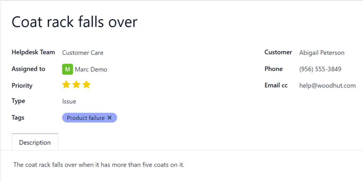 Egy Helpdesk jegy a kabáttartó termékkel kapcsolatos problémáról.