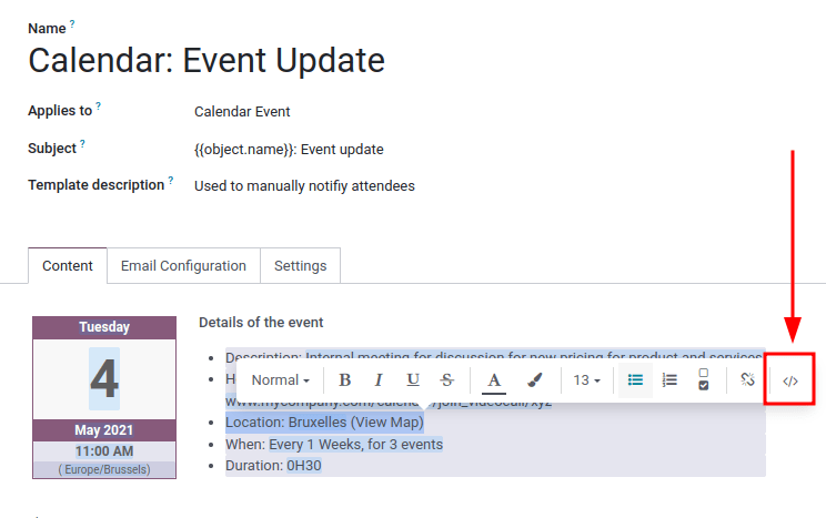 HTML szerkesztő az e-mail sablonban.