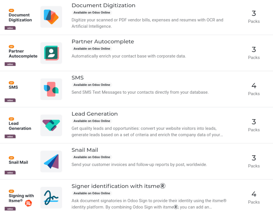Az IAP katalógus különféle szolgáltatásokkal elérhető az IAP.Odoo.com oldalon.