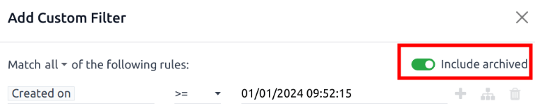 Az Egyéni szűrő hozzáadása felugró ablak, kiemelve az Archiváltak bevonása kapcsolót.