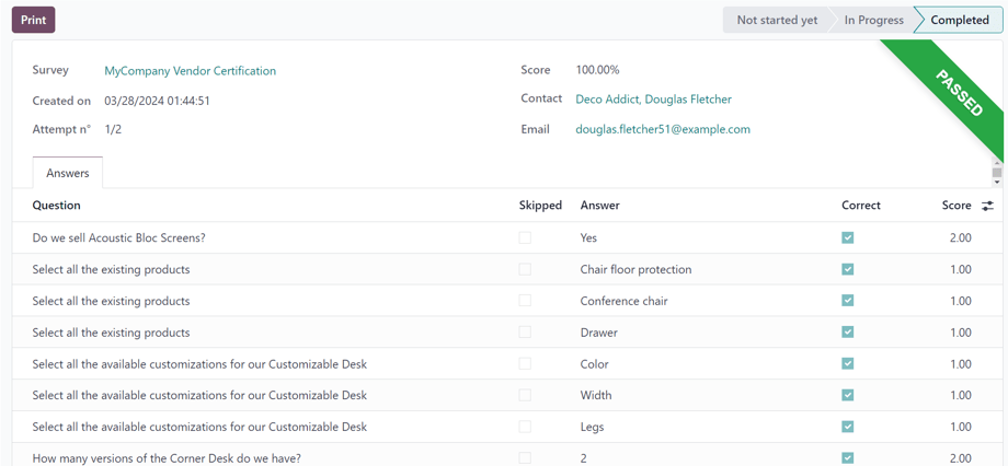 Egyéni résztvevő részletes űrlapja az Odoo Felmérések alkalmazásban.