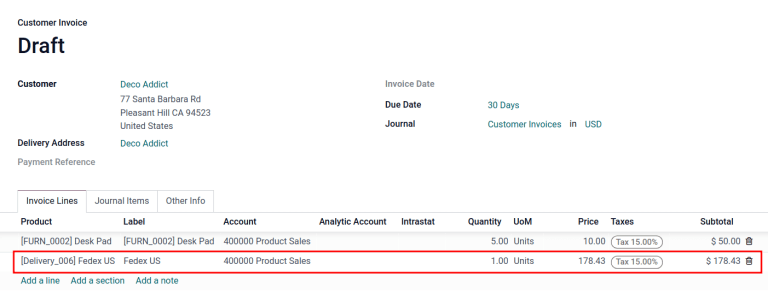 Mutassa a szállítási terméket a számla sorban.