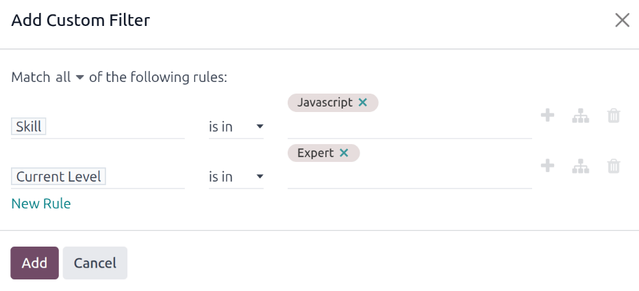 A Custom Filter felugró ablak a beállított paraméterekkel.