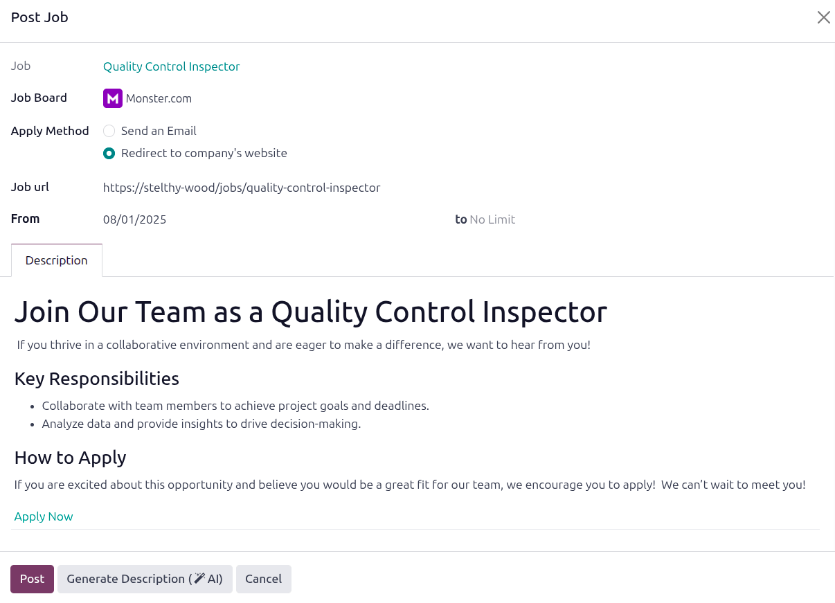 Egy kitöltött álláshirdető űrlap.