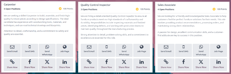 A Munkák megtekintése képernyő, amely az összes jelenlegi nyitott pozíciót megjeleníti. Minden információ a kártyán jelenik meg.