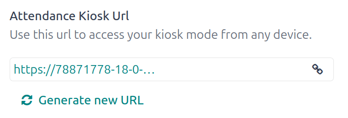 A Jelenlétek alkalmazás beállítási szakaszában található Jelenléti Kioszk URL mező.