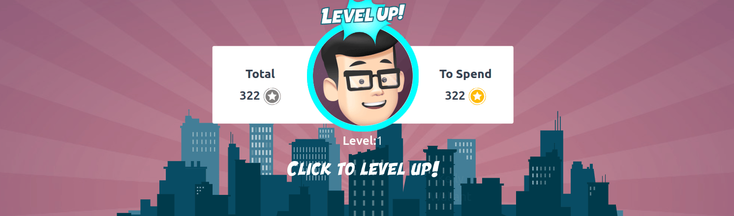 Egy 'Click to level up!' jelenik meg a felhasználó képe alatt, és egy nagy 'Level up!' jelenik meg a képük felett.