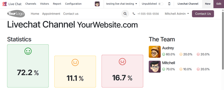 A közzétett értékelések nézete az Odoo Live Chat portálon.