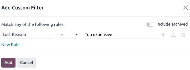 Keresősáv egyéni szűrővel hozzáadva az elvesztés okára.