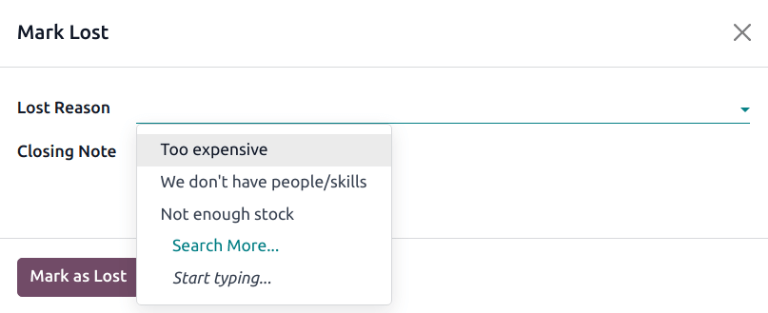 Elvesztés okai felugró ablak minta okokkal.