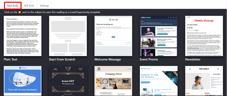 A sablonok nézete a Levél Törzs fülön az Odoo Email Marketing alkalmazásban.