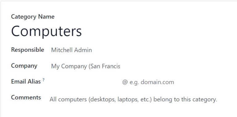 Berendezés kategória űrlap különféle kitöltött információkkal.