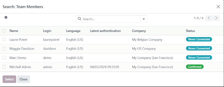 Keresés: Csapattagok felugró ablak.