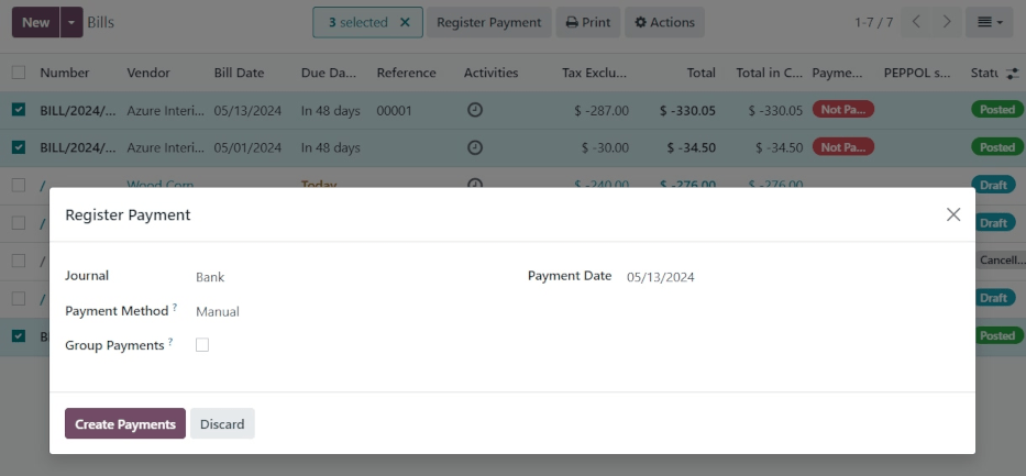 Kötegelt számlázás fizetés regisztrálása felugró ablak.