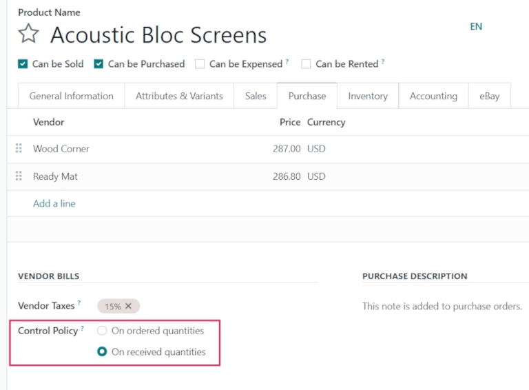Ellenőrzési irányelv mező a termék űrlapon.