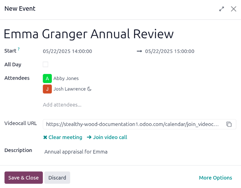 A találkozó űrlapja minden információval, amelyet Ronnie Hart éves értékeléséhez adtak meg.