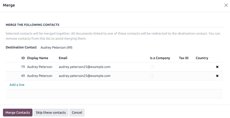 Az egyesítési felugró ablak a Kapcsolatok alkalmazásban.