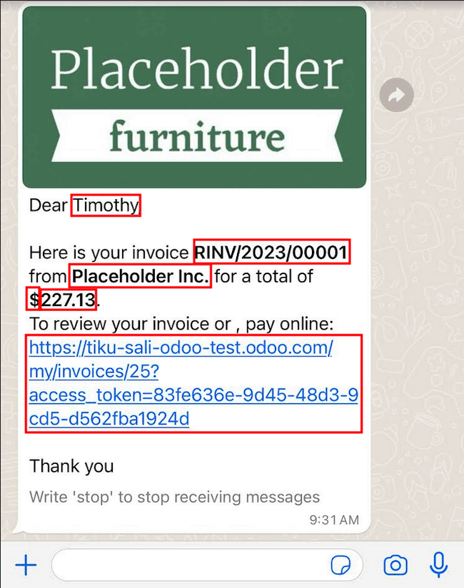 WhatsApp üzenet kiemelt dinamikus változókkal.