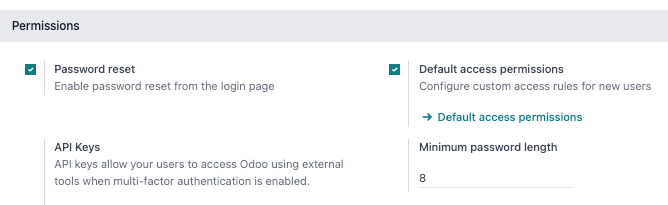 A Minimális jelszóhossz kiemelve az Általános beállítások Jogosultságok szekciójában.