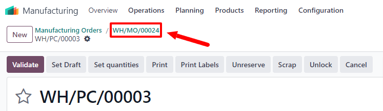 A gyártási rendelés kenyérmorzsa az alkatrészek kiválasztásának átvezetésén.