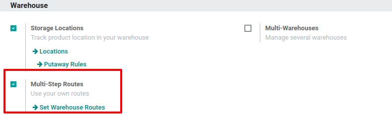 Aktiválja a Többlépcsős Útvonalak funkciót az Odoo Készletben.