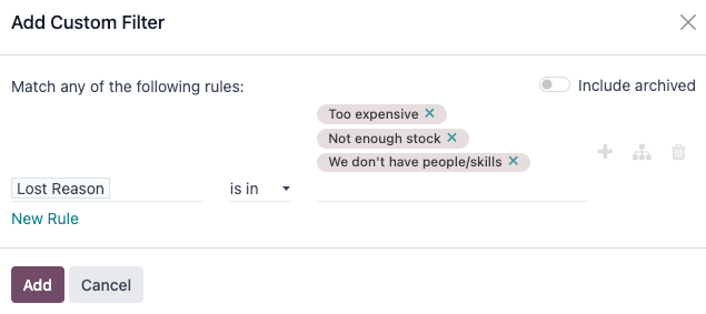 Egyéni szűrő hozzáadása felugró ablak több elveszett ok kiválasztásával.