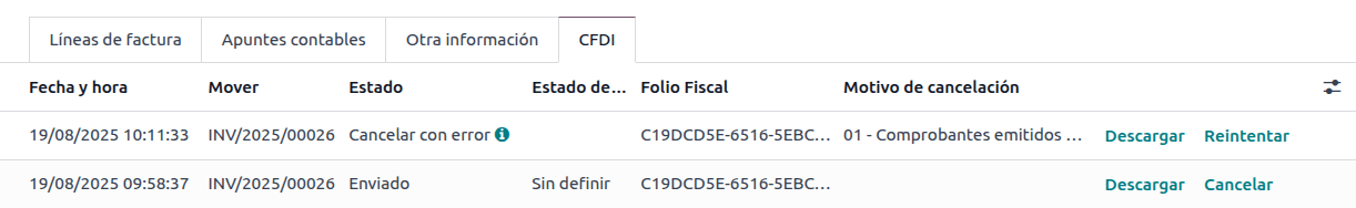 Lemondott számla sor a CFDI fülön.
