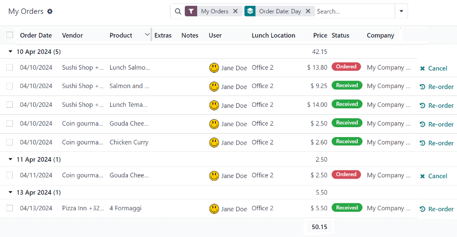 A listanézet, amely megjelenik, amikor a Saját megrendeléseim irányítópultra navigál.