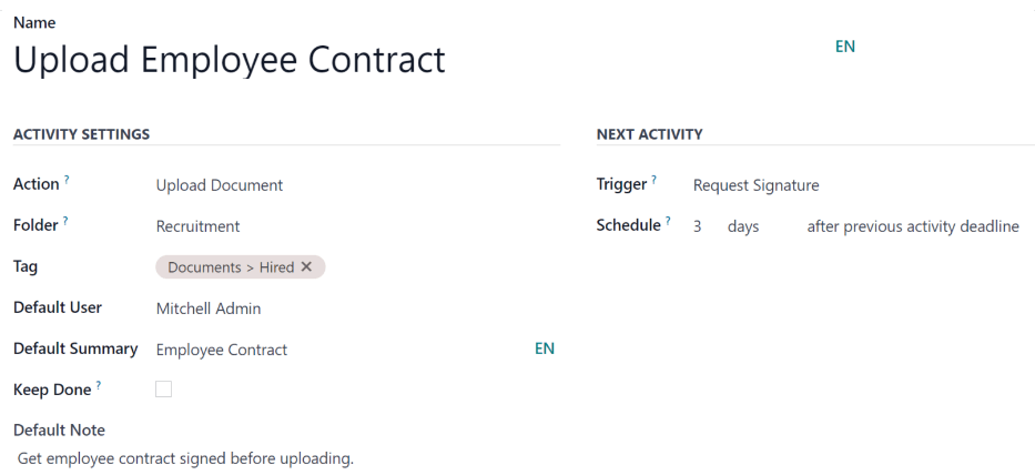 Egy új Tevékenység űrlap, amelyen minden mező ki van töltve.
